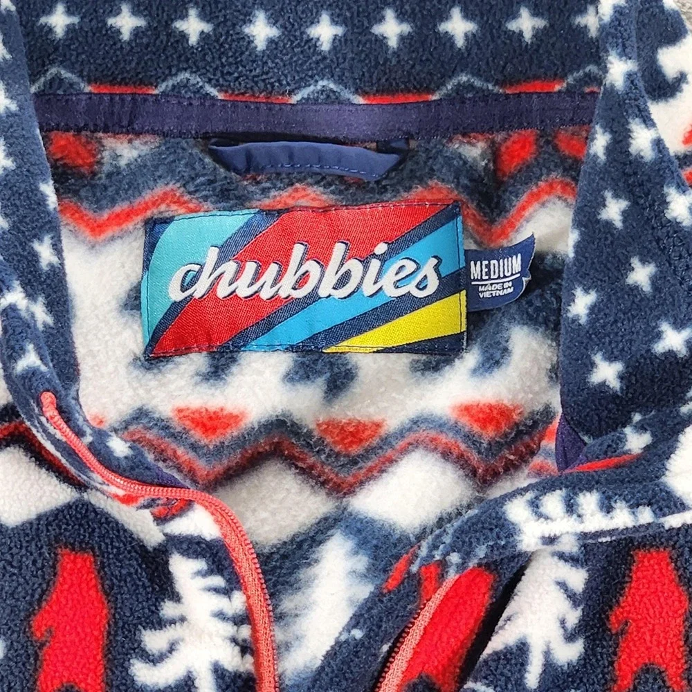 Chubbies‎ Fleece Pullover Mens Medium Blue Red Fair Isle Bear Tree Quarter Zip
